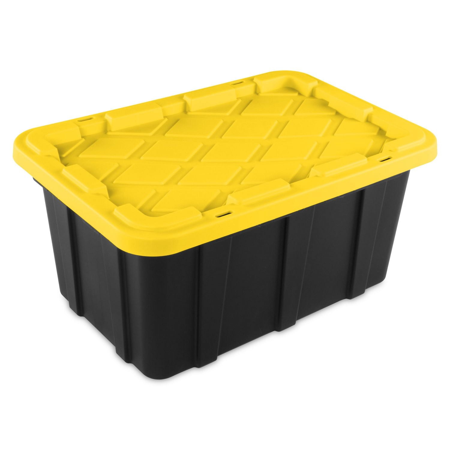 Bac de rangement industriel Sterilite de 64L, bac de rangement en plastique durable avec couvercle à clip, Noir/Jaune - 6 Pk