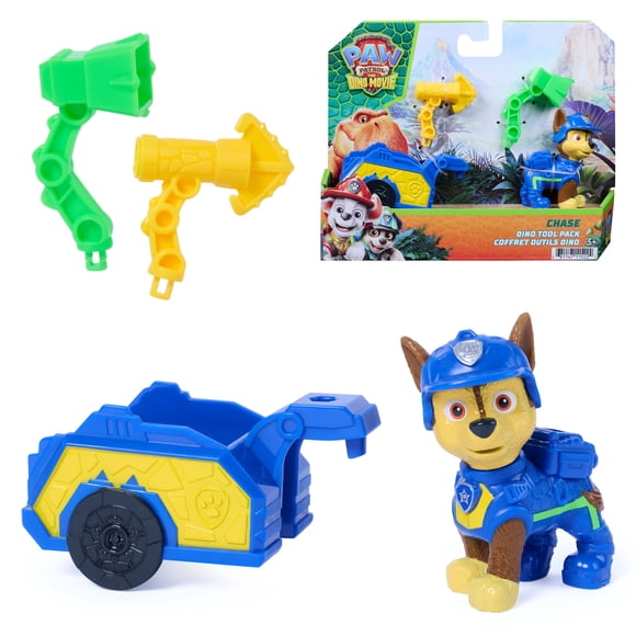 PAW Patrol: The Dino Movie, Chase Dino Tool Pack, 2.5-Inch Action Figure with Attachable Rescue Trailer and 2 Interchangeable Tools, Preschool Toys for Boys and Girls Ages 3+