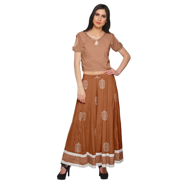 Moomaya Ensemble Palazzo Ample et Crop Top Robe Ethnique Imprimée Santon pour Femmes