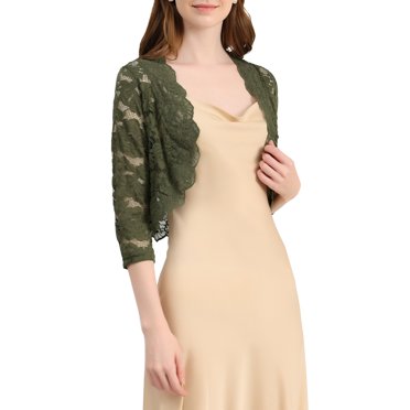 INSPIRE CHIC Boléro Ouvert Élégant pour Femme de la Saint-Patrick à Manches 3/4 en Dentelle Transparente à Motif Floral Vert Olive TP