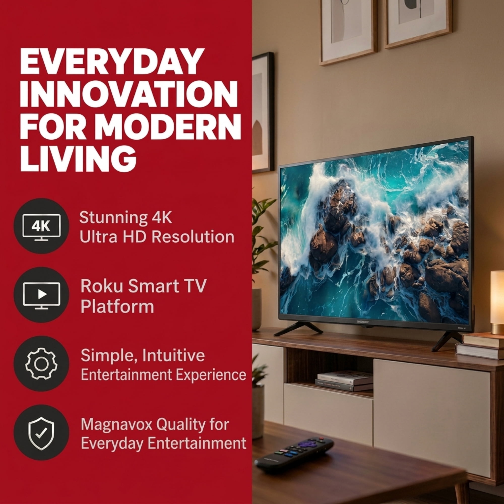 Téléviseur intelligent Magnavox 43" 4K Ultra HD HDR LED Roku, audio Dolby Digital Plus, noir
