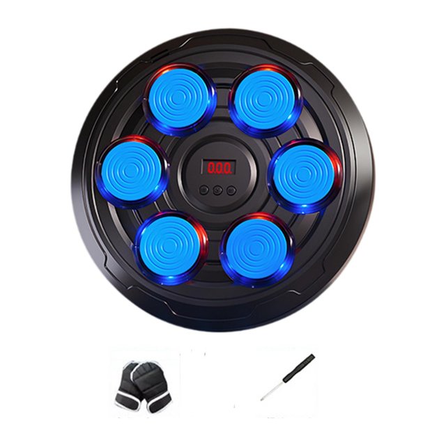 Lipstore Machine de Boxe Musicale pour Enfants Cible Murale Réglable Montée au Mur Domestique Bleu 6 Cibles avec six Tampons de Boxe en Éponge Bleue Illuminée sur une base Circulaire Noire. Comprend un Affichage Numérique, des Boutons de Contrôle et des Accessoires Incluant des Gants et un Tournevis. Conçue pour la Pratique de Boxe Murale, l'Entraînement de Mise en Forme et l'Amélioration de la coordination Oeil-Main. Légère et Facile à Installer.