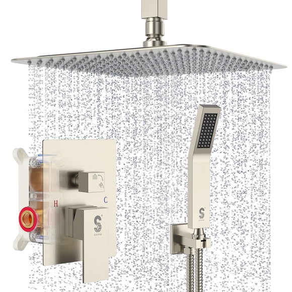 SR SUN RISE Brass 10 Inches Ceiling Mounted Shower System Brushed Nickel Bathroom Luxury Rain Mixer Shower Combo Set Ceiling Install Rainfall Shower Head System