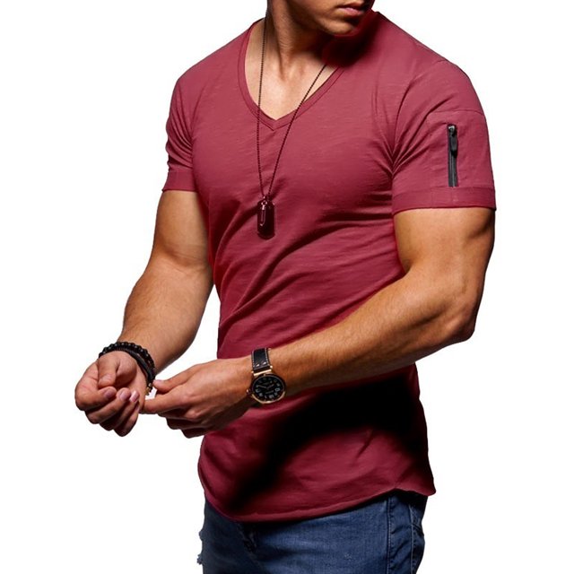 UKAP Men Blouse Short Sleeve Summer Tops Solid Color T Shirts Fashion Work Basic Tee Wine Red S
