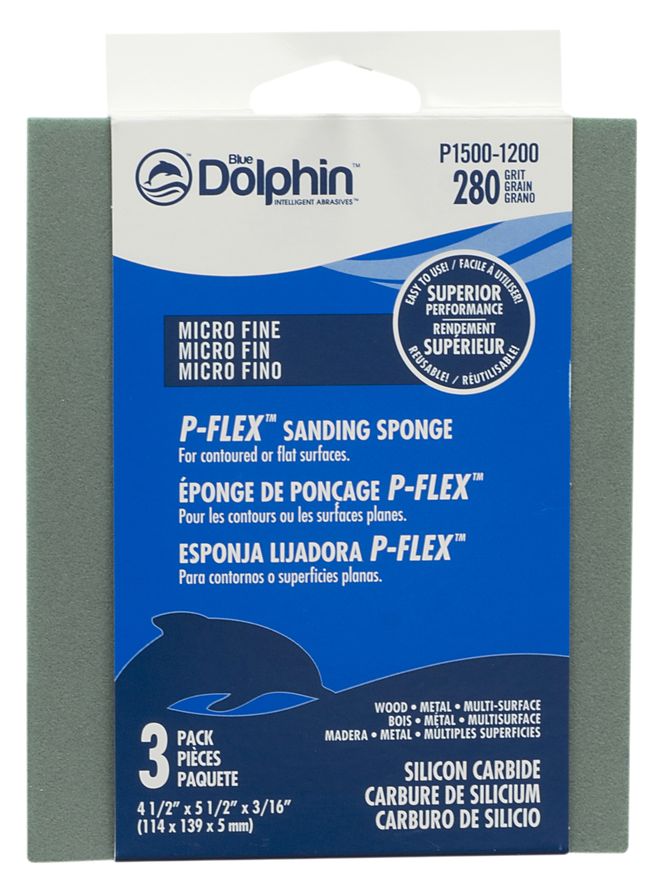 Blue Dolphin Éponge de ponçage P-Flex en oxyde d’aluminium, grain 280 (5 1/2 po x 4 1/2 po), épaisseur de 3/16 po (paquet de 3)