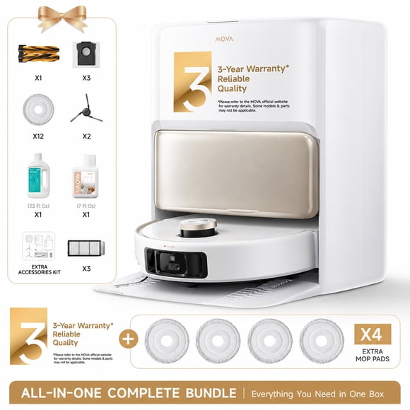 MOVA V50 Ultra Complete Ensemble Robot Aspirateur et Laveur de Sols, Aspiration de 24 000 Pa, Compatible avec les Tapis et les Poils d'Animaux, Filtre Autonettoyant, Séchage Rapide - Blanc