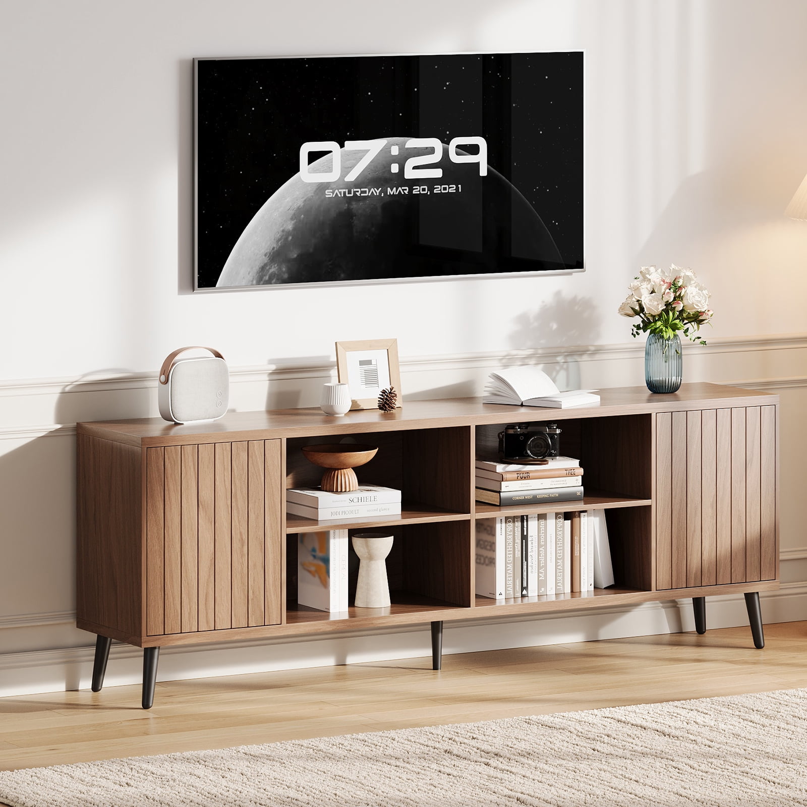 Television Stand for Living Room, Fluted TV Stand with Open Storage Shelves for Up to 75 Inch TVs,Entertainment Center Media Console TV Cabinet