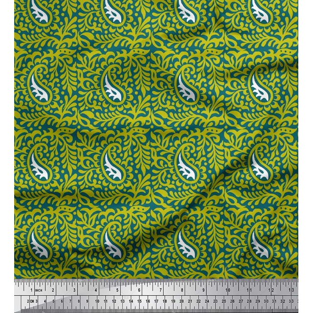 Soimoi Polyester Crepe Fabric Leaves & Paisley Block Print Sewing Fabric Yard 52 Inch Wide