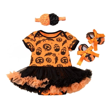 YOUSNH Halloween Outfits for Girls Children's Cartoon Pumpkin Dress Shoes Three Piece Baby Boys and Girls Baby Party Dress Clothes Set G 12-24 Months