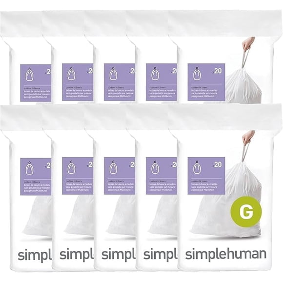 Simplehuman Code G Custom Fit Drawstring Trash Bags, 200 Count, 30 Liter / 8 Gallon, White