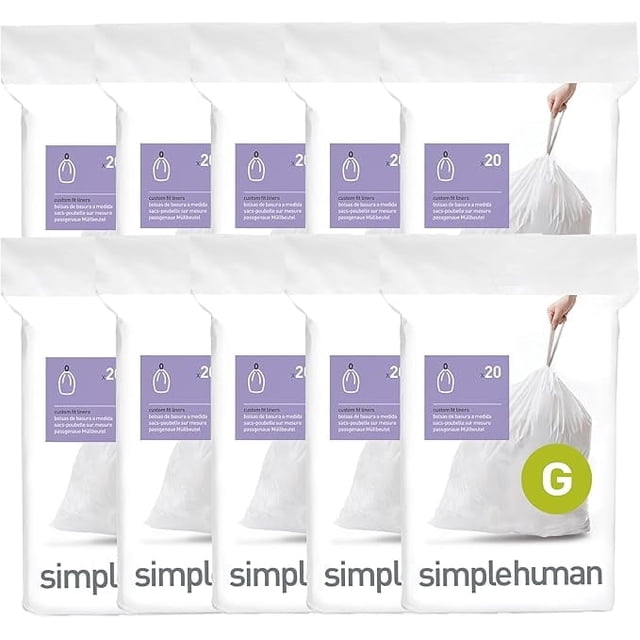 Simplehuman Code G Sacs à Ordures à Cordon Ajustés sur Mesure, 200 Unités, 30 Litres / 8 Gallons, Blanc