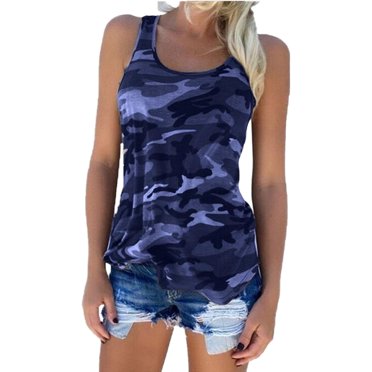 Tralilbee Nouveau Haut à Imprimé Camouflage Bleu Marine pour Femmes, Mode pour Femmes, Gilet Sans Manches T-Shirt Polyvalent