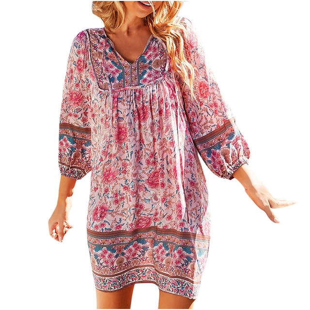 Babysbule Robes d'Été pour Femmes Liquidation Mode pour Femmes Bohème Col en V Ample Manches 3/4 Imprimé Robe Courte