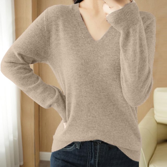 asjyhkr Tops For Women Long Sleeve Knit Cotton V Neck Sweater Pullover Basic T Shirts Solid Color