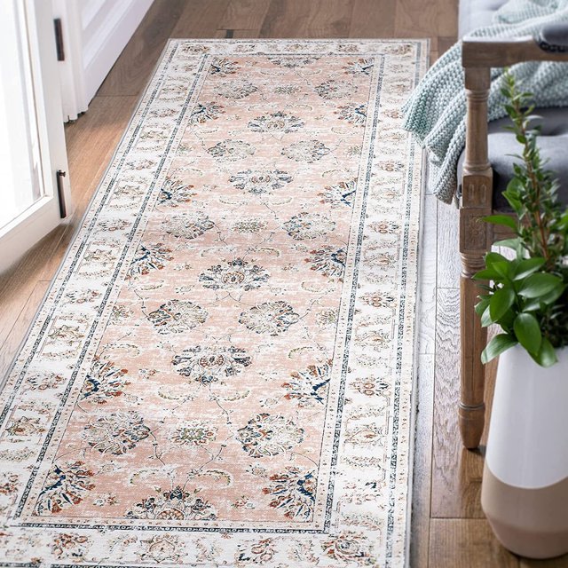RUGKING Runner Rug 2x5 Vintage Pink Area Rug for Kitchen Entry Living Room Bedroom Bathroom Thin Carpet Foldable Non-Slip Floral Print Small Indoor Rug