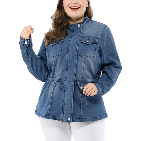 GRACE & GRANDEUR Women's Plus Size Stand Collar Zipper Denim Jacket