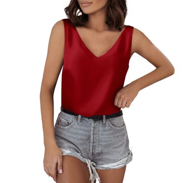 WTXUE Tank Tops Sleeveless, Scoop Neck Tank for Women V-Neck Silk Summer Satin Blouse Basic Camisole Shirts Solid Casual Tops for Women Red L