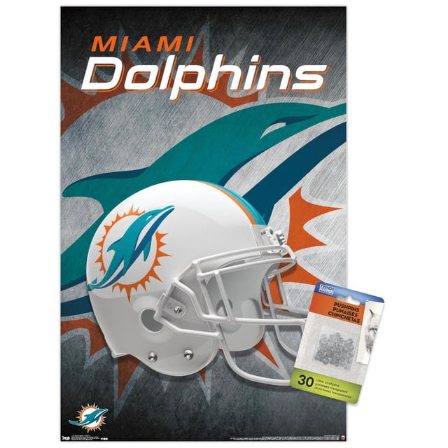 NFL Miami Dolphins - Affiche Murale Casque 18, 14,725 Po x 22,375 Po Encadrée, Montrant un Casque de football Blanc avec le logo des Miami Dolphins Sarcelle et orange sur le Côté, sur Fond Gris Texturé avec un Grand Graphique Stylisé de Dauphin et de Soleil, Comprend 30 Punaises Transparentes pour Suspension Facile, Convient à Décorer les Chambres de Fans de Sport Ou les Dortoirs.
