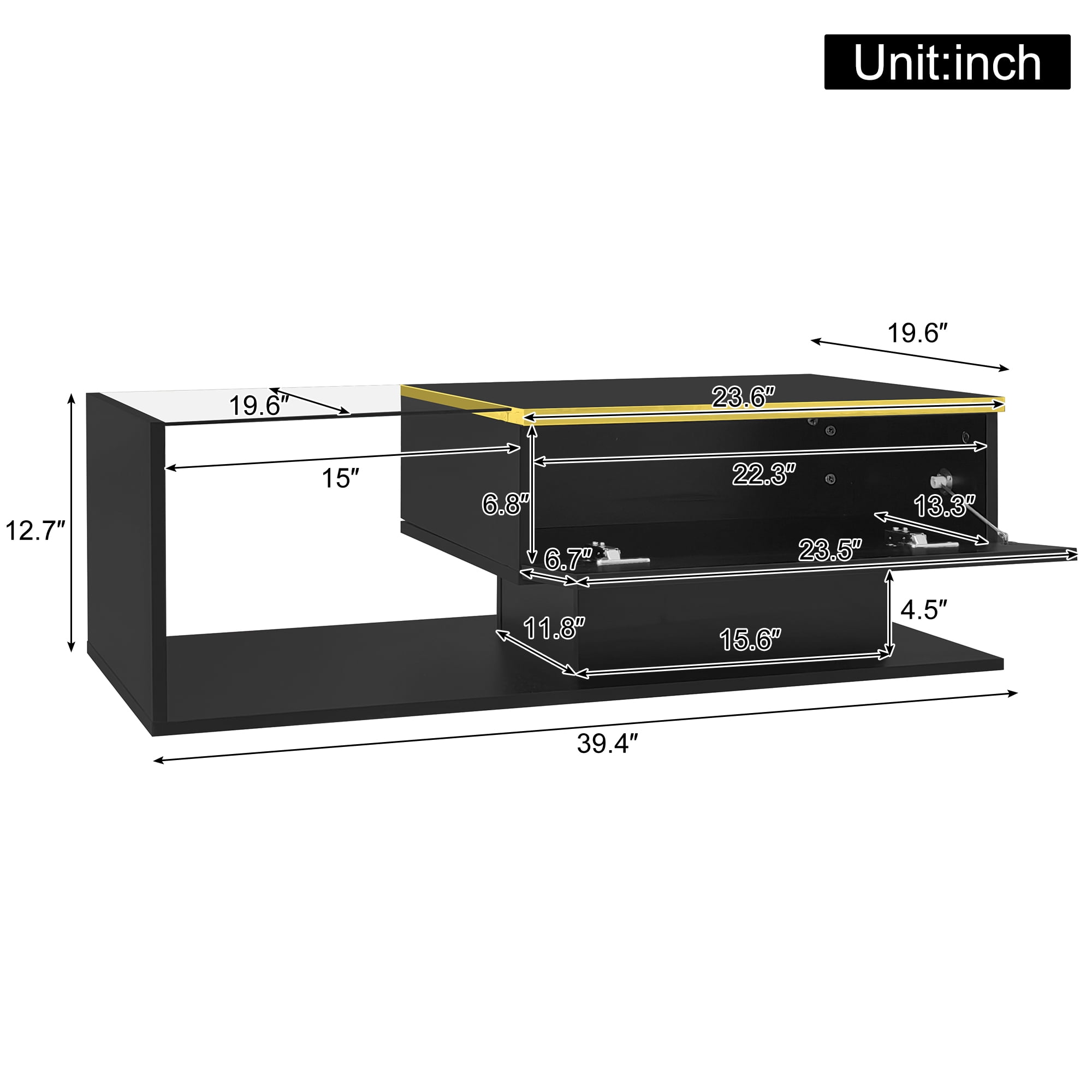Noble House 39.4" High-Gloss Black Coffee Table, Tempered Glass with Dimmable LED, Storage Compartment & Open Shelves,Black