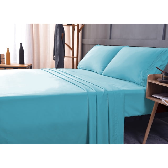 the Season Essentials Wrinkle Free Sheet Sets with Deep Pockets & Stain Resistant, 4 pc, 1800 Thread Count Bamboo Based, Aqua, California King