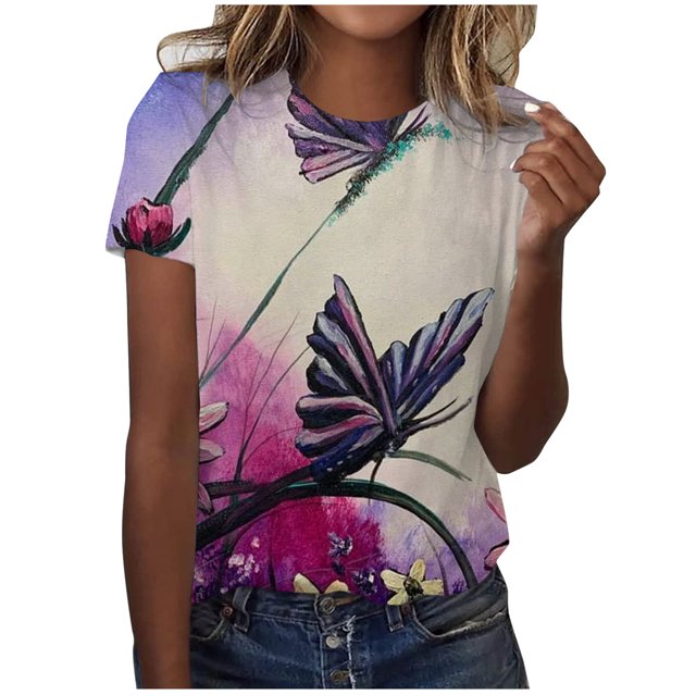 Birdeem T-Shirt Blouse Ample à Manches Courtes Décontracté pour Femmes, Imprimé, Plissé, Col Rond
