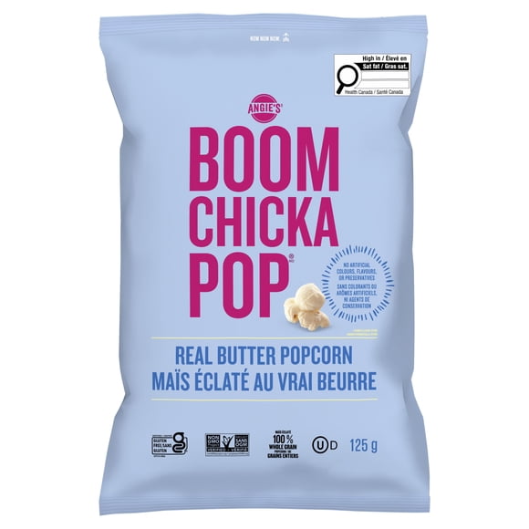 Angie’s BOOMCHICKAPOP Real Butter Popcorn, 100% Whole Grain Popcorn, Non‑GMO Popcorn, Gluten Free, No Artificial Colours, Flavours or Preservatives, 125 g