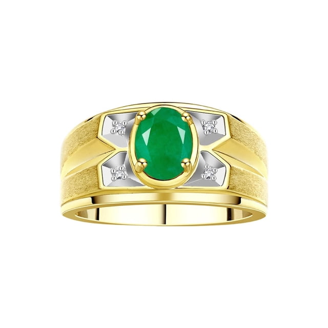 RYLOS Men's Rings 14K Yellow Gold Rings Classic Designer Style 8X6MM Oval Gemstone & Diamond Ring Emerald May Birthstone Rings For Men Size 10