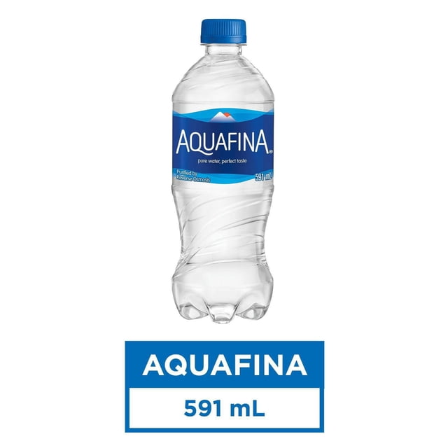 Aquafina Purified Water 591mL bottle with clear plastic and blue label featuring the Aquafina logo and mountain graphic, purified by reverse osmosis for a crisp, refreshing taste, suitable for hydration on the go.