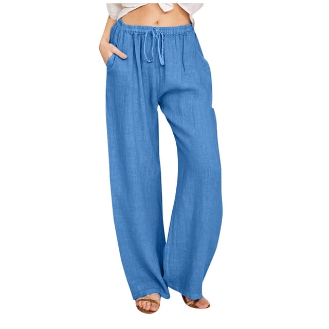 RKSTN Womens Pants Fall Casual Cotton Linen Drawstring Long Pants Elastic Waist Lightweight Wide Leg Pants with Pockets