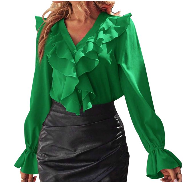 Annhoo Going out Tops for Women Long Sleeve Button down V Neck Blouses Fashion Ruffle Trim Fall T-Shirts