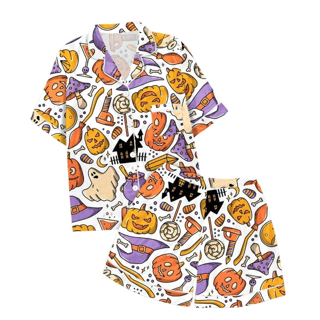 WEAIXIMIUNG Ensemble de Pyjama pour Enfants à Col Boutonné Imprimé, Haut à Manches Courtes et Short 6-7 Ans