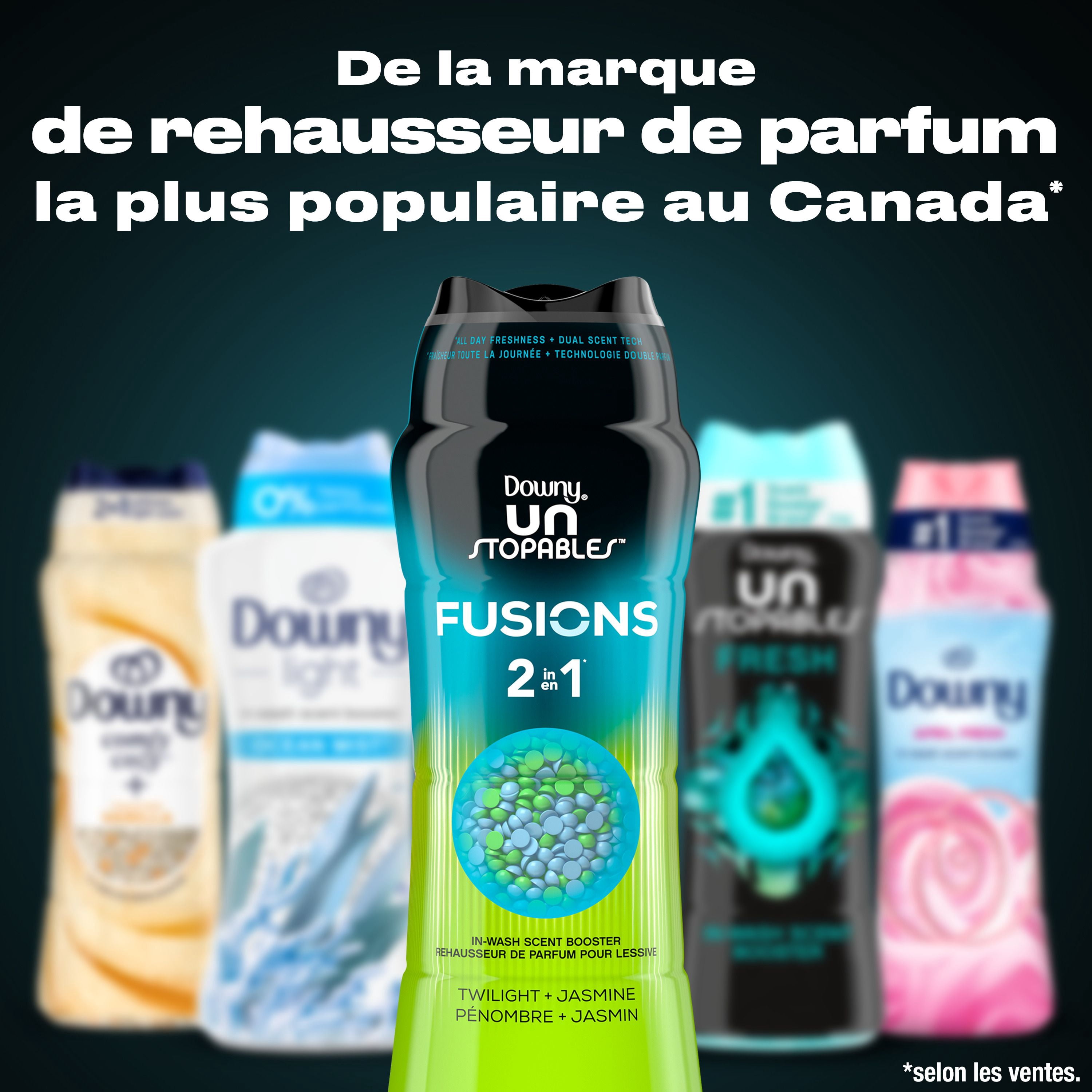 Perles rehausse-parfum pour la lessive Downy Unstopables Fusions, parfum Pénombre et jasmin, fraîcheur 2 en 1 toute la journée, technologie à double parfum