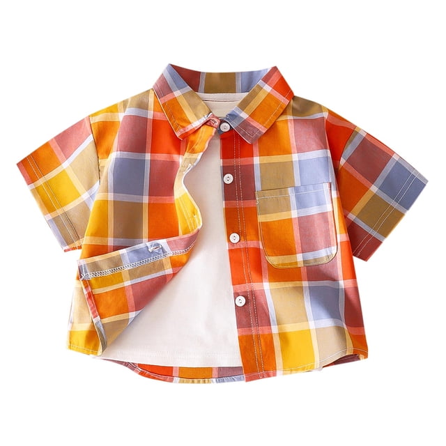 Chemise à Carreaux à Manches Courtes Boutonnée pour Garçons, Col Rabattu, Mélange Coton-Polyester, Orange, Taille 90 (2T), Tenue Décontractée