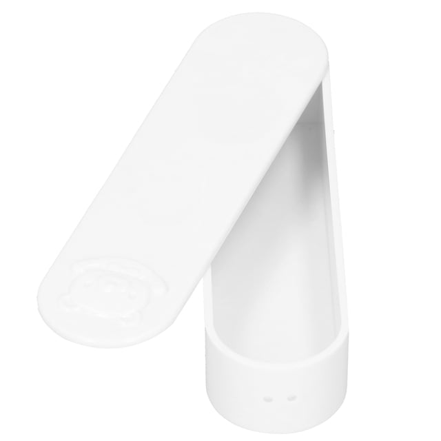 Cotton Swabs Balls Buds Holder, a portable travel cotton swab storage case made of durable ABS material. The white mini storage box features a self-resilient design with a dustproof lid and a compact size of approximately 13.5 x 3.5 x 2.3 cm. Suitable for storing cotton swabs, toothpicks, or small accessories, it has a simple, easy-to-clean design with a cute embossed bear detail on the lid.