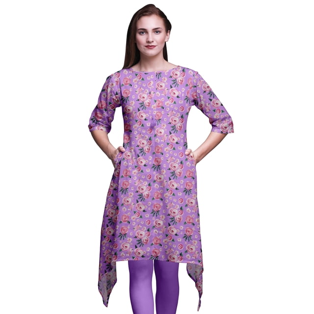 Bimba Purple Leaves & Ranunculus Floral Printed Tops For Women Asymmetric Kurti Summer Dress For Girls XSmall