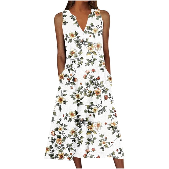 Summer Dresses for Women Midi Length, Womens Summer Floral Print Long Dress with Pockets Button Short Sleeve Dresses