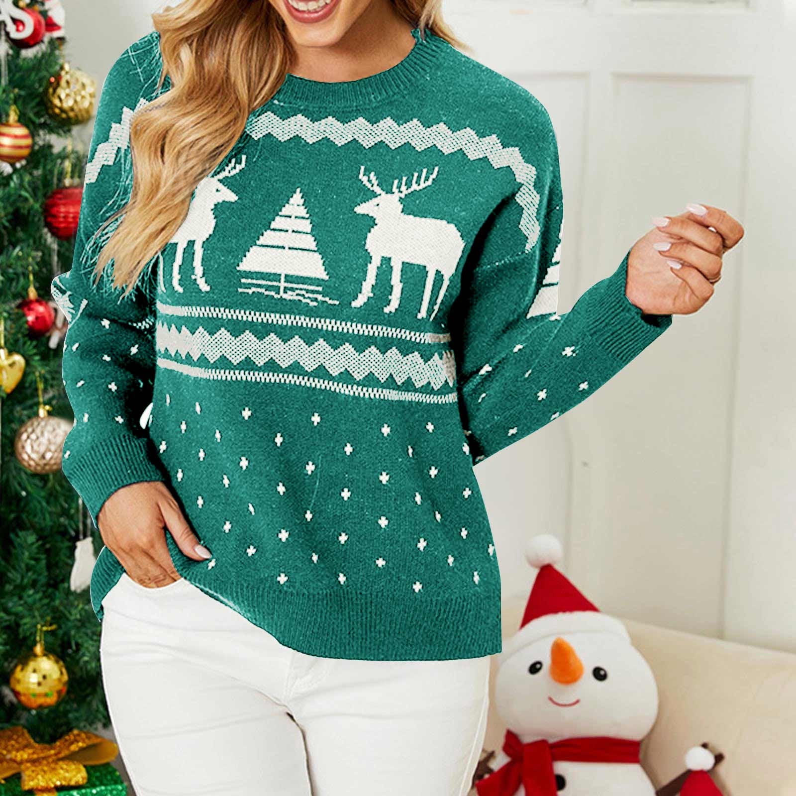 TIMIFIS Chandails de Noël Laids pour Femmes Chandail à Col Rond Renne Xmas Motifs de Flocons de Neige Chandail Tricoté Manches Longues Orignaux Imprimé Floral Coupe Ample Chandail en Tricot Manteau d'Hiver Automne