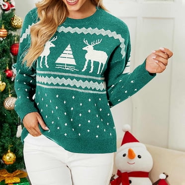 TIMIFIS Ugly Christmas Sweaters for Women Crewneck Sweatshirt Reindeer Xmas Snowflake Patterns Knitted Sweater Long Sleeve Elks Floral Printed Loose Pullover Knitwear Winter Fall Outerwear