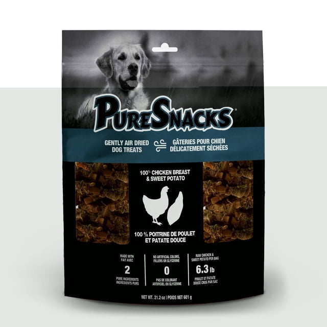 PureSnacks Sweet Potato & Chicken Jerky Dog Treats in a resealable black and blue bag with a dog image, containing gently air dried treats made from 100% chicken breast and sweet potato with no artificial colors or fillers, weighing 6.3 lb (2.86 kg), suitable for dogs with allergies or restricted diets.