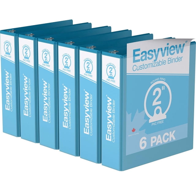 Davis Group Easyview Premium round ring customizable view binder 6 pack 2 inch in blue, with clear overlay on front, spine, and back covers, PVC-free polypropylene material, back-mounted rings for pages to lie flat, made in Canada, ideal for presentations, manuals, and reports.