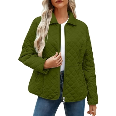 aohooy Manteau Matelassé d'Automne pour Femme Léger à Manches Longues à Fermeture Éclair Manteau Matelassé à Losanges Manteau d'Extérieur Bomber avec Poches Vert Armée,G