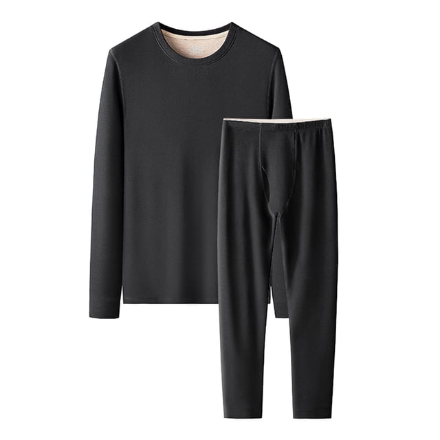 Men's Plus Size Autumn Winter Silk Wool Blend fleeced Lined Base Layer Set, Black, Size 5XL