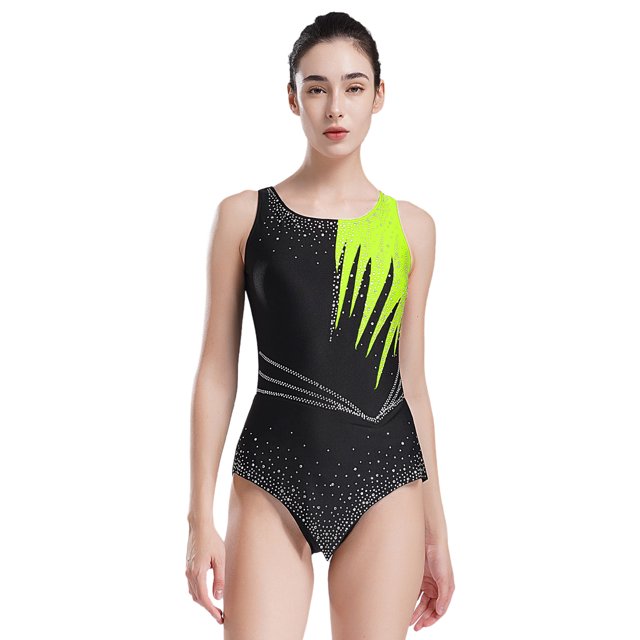 RUNQHUI Dames Strass Justaucorps de Gymnastique Rythmique Sans Manches Ballet Justaucorps Patinage Artistique Jaune Fluorescent S