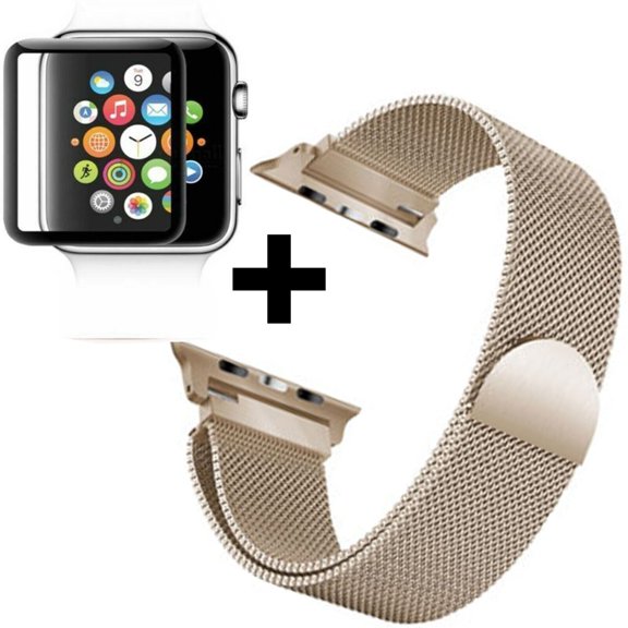Apple Watch 40mm Band Stainless Steel Magnetic Loop Watch Band Screen Protector Milness Strap for iWatch SE Ultra Series 8 7 6 5 4 3 2 1 - Gold