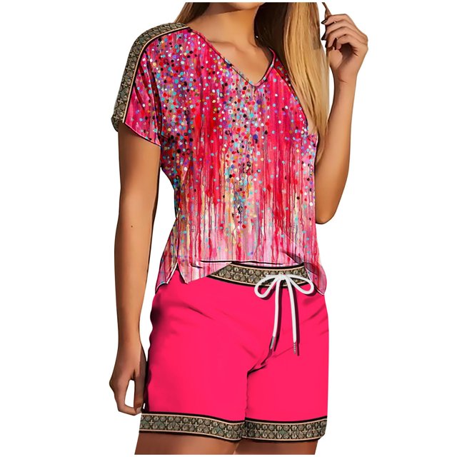 Mikilon Ensemble Élégant pour Femmes 2 Pcs Haut Col en V et Shorts Ensemble Mode et Confortable Manches Courtes Col en V Ensemble Haut/chemise Rouge L