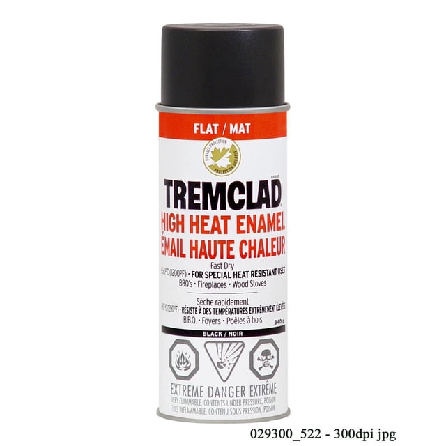 Tremclad Flat Black High Heat Enamel spray paint can with black cap, fast-drying flat finish designed for high-heat surfaces like BBQs, fireplaces, and wood stoves, featuring durable heat resistance and extreme danger warnings.