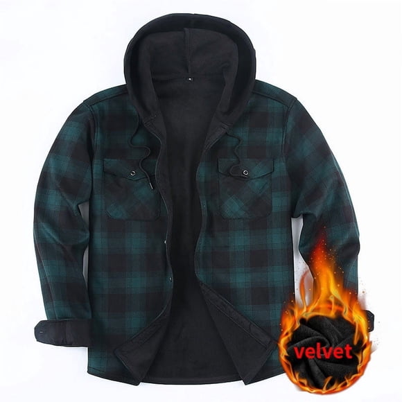 NTACZA Jackets for Man Casual Thicken Fleece Lined Hooded Green Button Down Plaid Hooidies Winter Men Coats,L