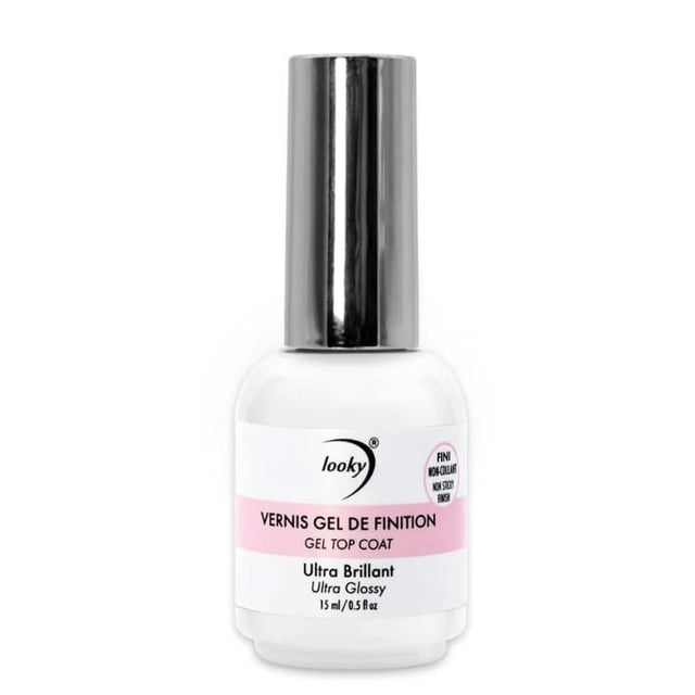 Looky Gel Ultra Shiny Top Coat 15ml bottle with white base and metallic silver cap, labeled ultra glossy gel top coat for nail polish protection and extended wear, quick curing and non-sticky finish, suitable for gel manicures and nail care.
