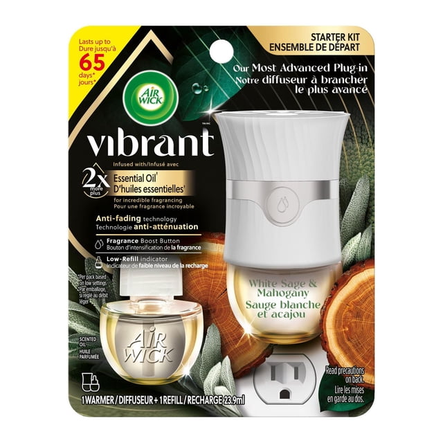 AIR WICK® Huile Parfumée - Trousse - Pulse Vibrant™ - Assainisseur d'Air à Brancher White Sage and Mahogany, Trousse de Départ avec Chauffe-Air Blanc avec Bouton d'Amplification de fragrance, Indicateur de Faible Remplissage et Recharge d'Huile Essentielle de 23,9 ml Offrant jusqu'à 65 Jours de Parfum Continu et Longue Durée, Convient aux Salons, Salles de Bain, Chambres, Cuisines et Bureaux.