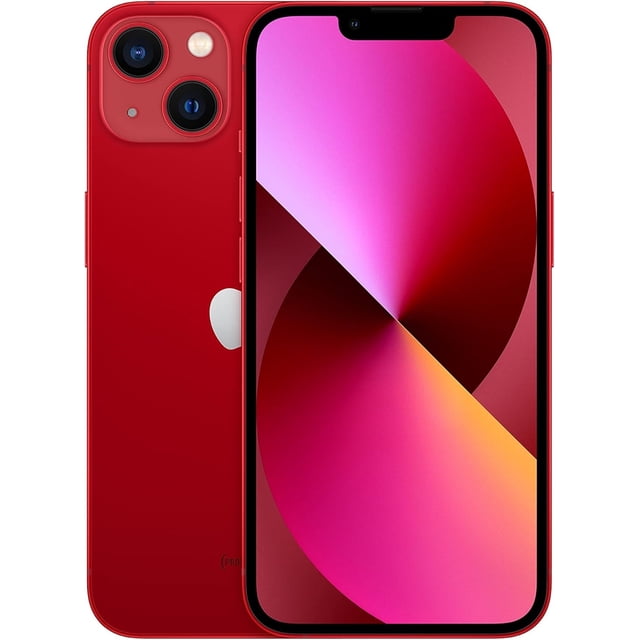 Refurbished Apple iPhone 13 in red with 128GB storage, featuring dual 12MP rear cameras, a 12MP front camera, and the A15 Bionic chip for fast performance. The smartphone has a 6.1-inch Super Retina XDR OLED display and is fully unlocked for use with any carrier. Certified refurbished in excellent condition.